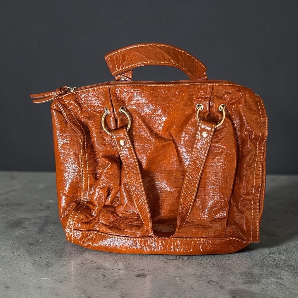 Cognac Brown/Distressed Satchel | Studded Detail | Top Handle Handbag - Picture 3 of 6